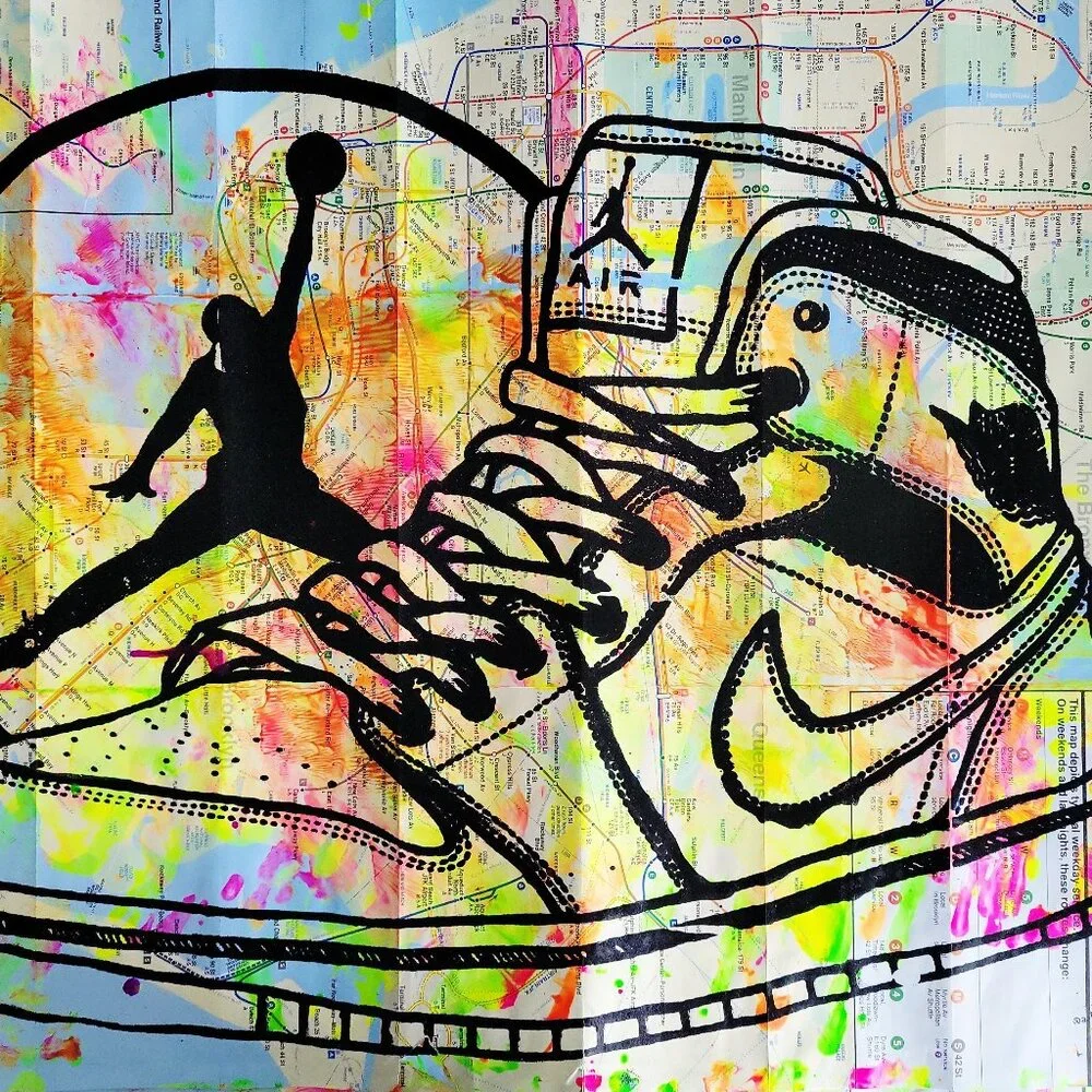🎁Handpainted Air Jordan Sneaker Acrylic Painting Pop Art on NYC Subway Map - Picture 1 of 8